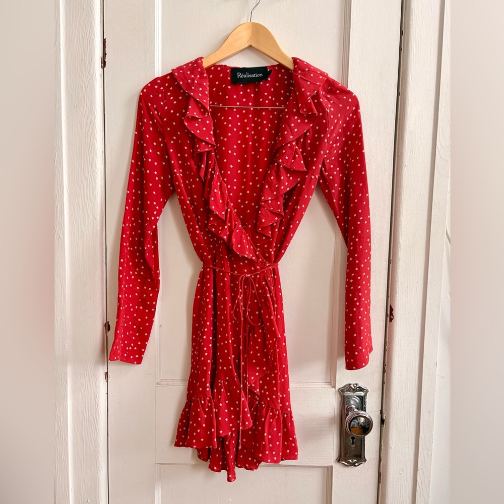 Realisation Par Red Star-Print Ruffle Wrap Dress - Picture 2 of 5